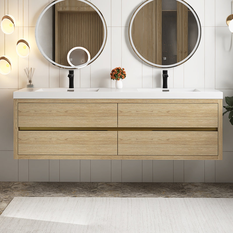 72" Wall-Mounted Bathroom Vanity With Sink, Oak Natural Wood