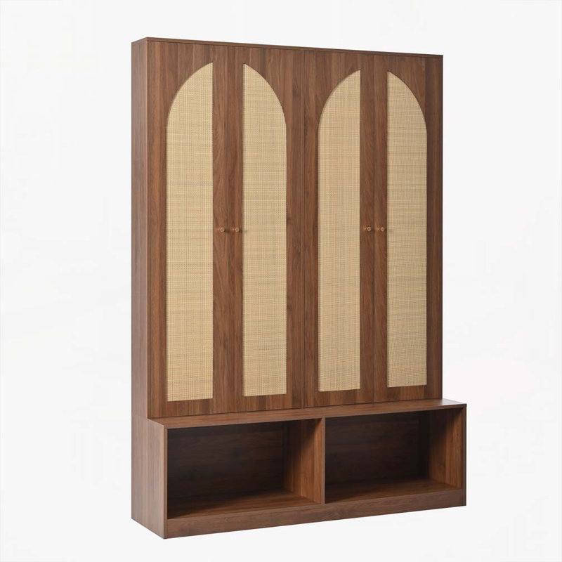 Farmhouse Widen Hall Tree with 4 Rattan Doors，6 Hooks, Brown