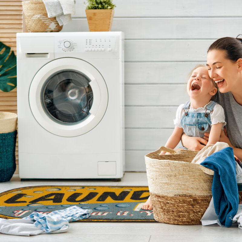 Non-Slip Laundry Room Runner Rug – Rubber Backed, Low Pile, Stain Resistant Floor Mat for Washer and Dryer Area – Laundry Theme Design