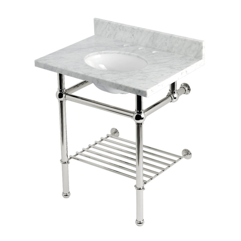 Kingston Brass Templeton 30-Inch Carrara Marble Console Sink with Brass Legs and Shelf (8-Inch, 3-Hole)
