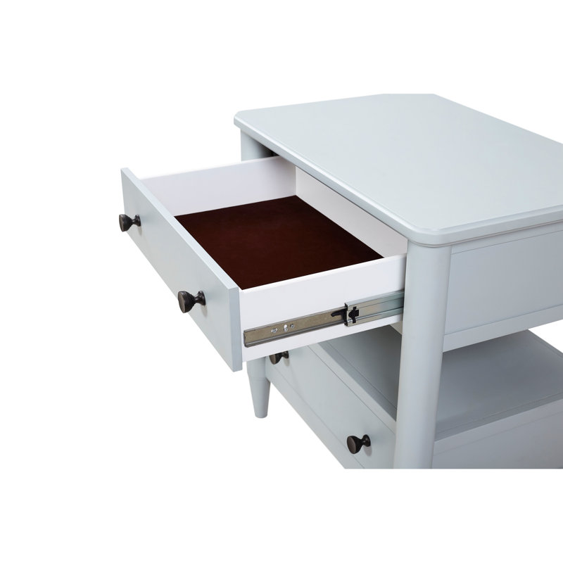 Table de chevet bleue avec deux rangements - Bois massif et finition océan 2 feutres doublés et intérieur