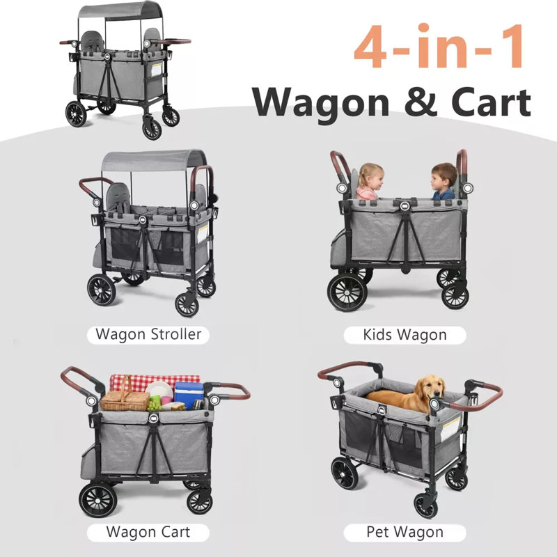 Folding Wagon Stroller for 2 Kids, Adjustable Handle, All-Terrain Shock-Absorbing Wheel, Detachable Tray, Diaper Bag, Gray
