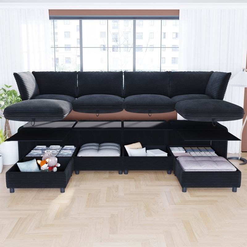 Modular Sectional Sofa, Black Corduroy