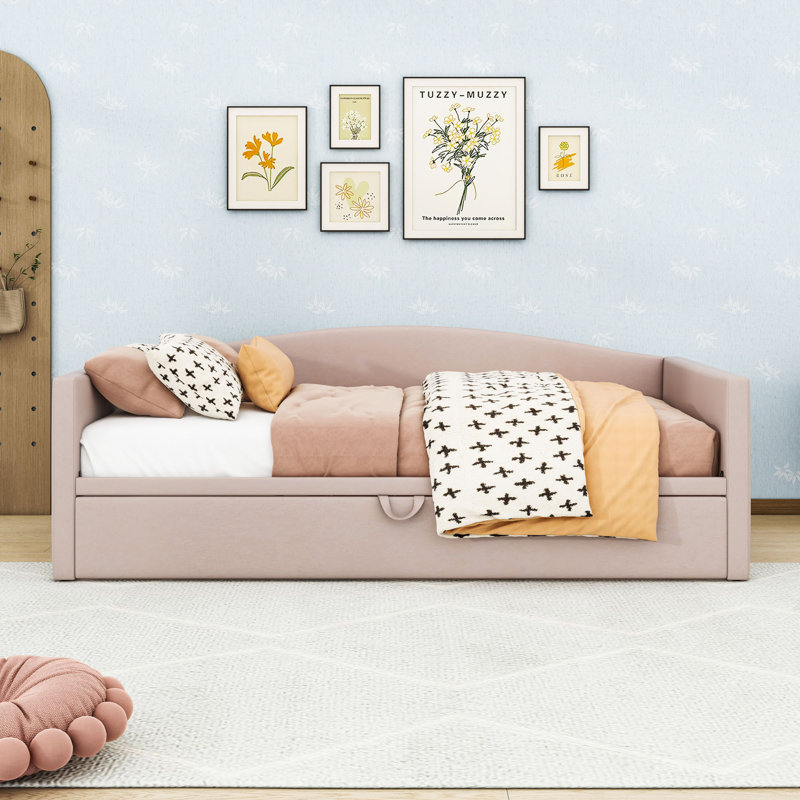 Twin Size Velvet Daybed with Adjustable Twin Trundle, Pink