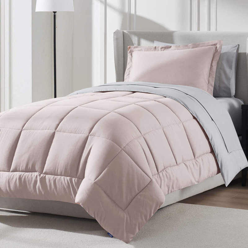 Bed-in-A-Bag Reversible Comforter Set with Bed Sheets, Peach Beige, Twin Extra Long Comforter + 5 Additional Pieces