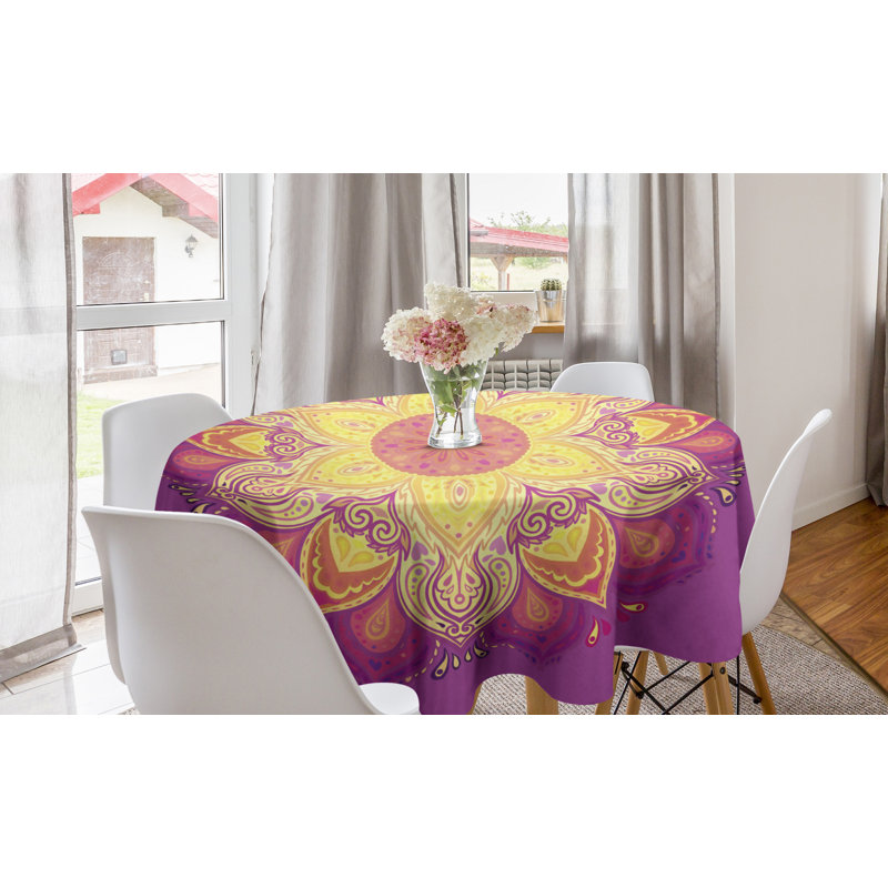 Ambesonne Rainbow Mandala Round Tablecloth, Composition With Blooming Flower Design Mystical Oriental Petals, Circle Table Cloth Cover For Dining Room Kitchen Decoration, 60", Multicolor