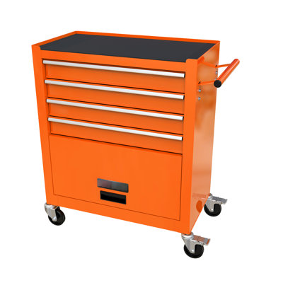 Orange 4 Tool Cart With Wheels - Stable Steel Construction & Effortless -bearing Drawer Management For Garage Tools, Organization And Handling 4 Drawers In Robust Fluent Action