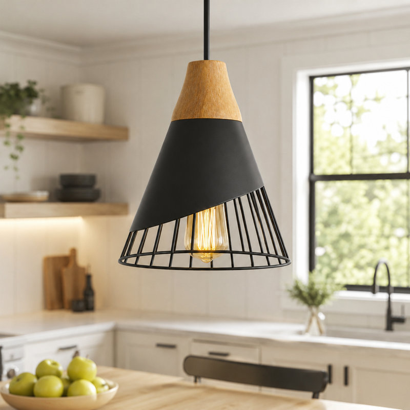 Luminaire suspendu conique en métal à 1 lumière avec texture de bois