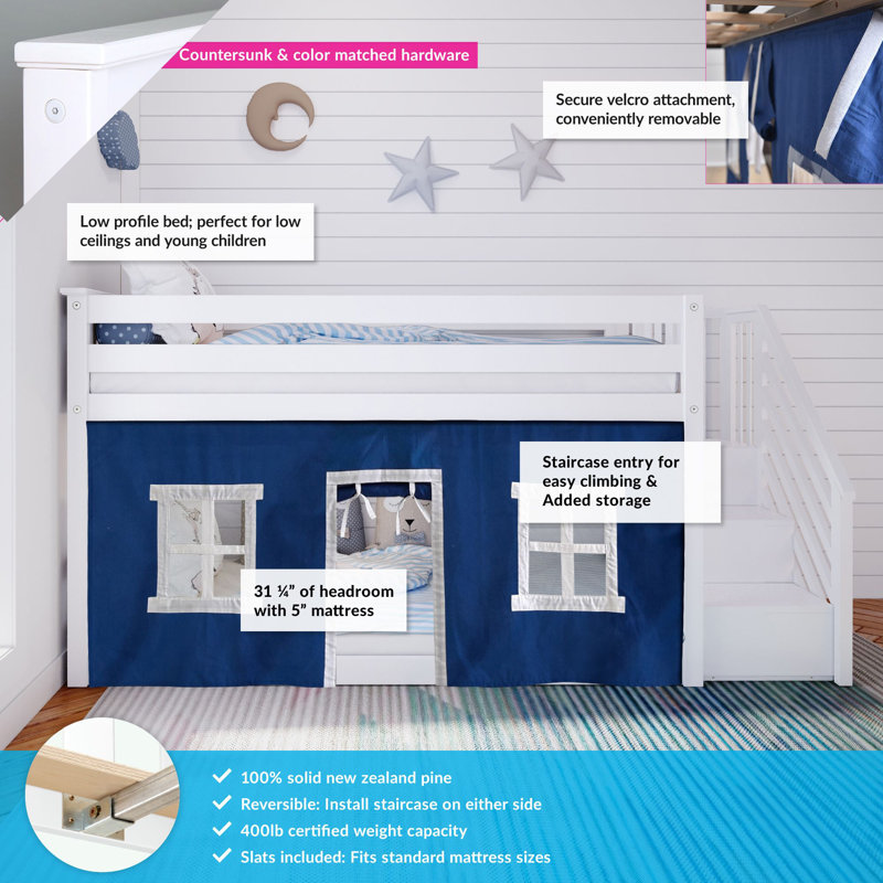 Harjeet Kids Twin Over Twin Low Bunk Bed with Stairs and Play Curtain, White, Blue