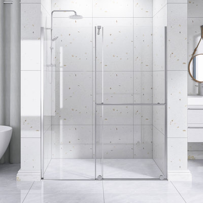 30 po -60 po L 72 po H Porte de douche coulissante à double usage avec panneau de verre 1/4 de pouce en chrome |  Barre de soutien |   Poignée en acier inoxydable