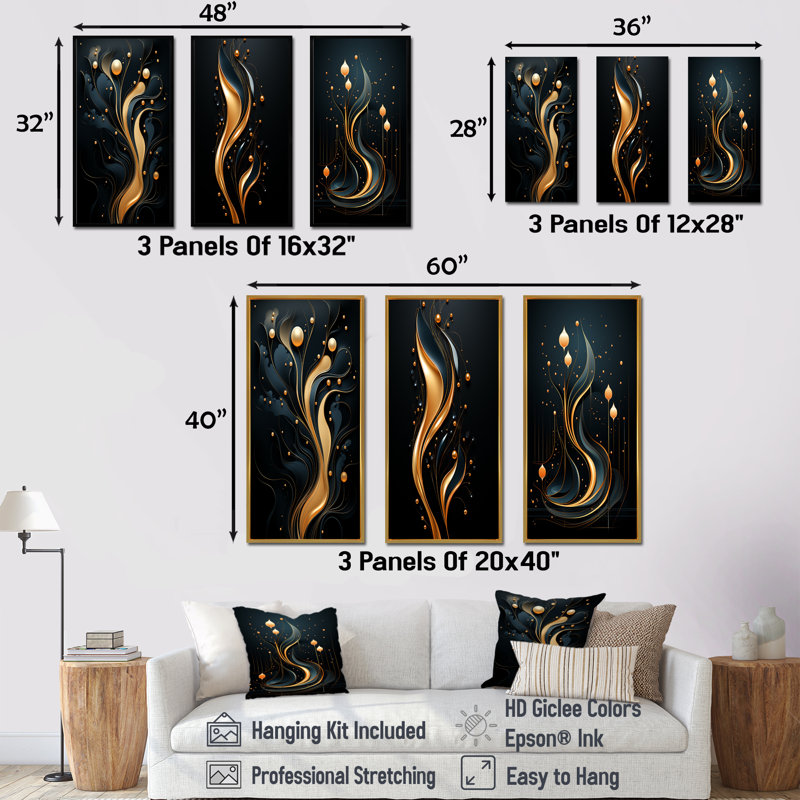 Noir et or doré minimaliste, dessin au trait I - ensemble de 3 décorations murales abstraites, H 40 po x l 60 po