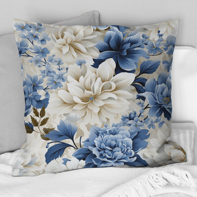 Floral Blue And White Victorian Pattern I - Floral Printed Throw Pillow, 18"H x 18"W