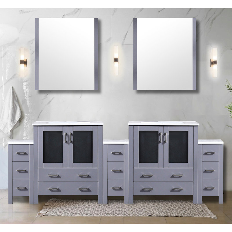 96 In. Wide Dark Grey Double Bath Vanity With Side Cabinets, Ceramic Top, Mirrors, And Customizable Storage Practical