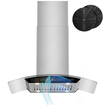 Hotte de cuisine 36 pouces Brano Island, 900 pi³ / min avec ventilateur à 4 vitesses, 4 lumières DEL, mode mémoire, convertible à conduit / sans conduit avec 2 filtres à charbon