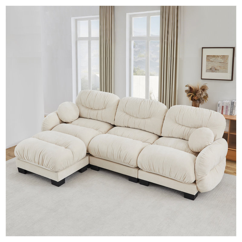 Canapé modulaire en L beige avec repose-pieds en chenille beige, canapé modulaire plissé avec accoudoirs et coussins ronds
