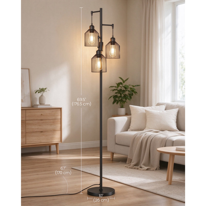 Matte Black LED Floor Lamp, H176.5cm with 3 × 6W Integrated LED Bulbs [Energy Class E], 0–100% Stepless Dimming & Rotary Dimmer Switch