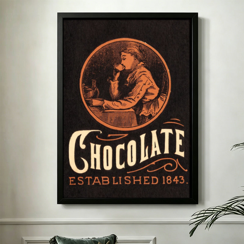 Publicité rétro moderne et rétro au chocolat: Femme sirotant une tasse, style Art déco. Art mural 24 "x 36" avec cadre en bois noir