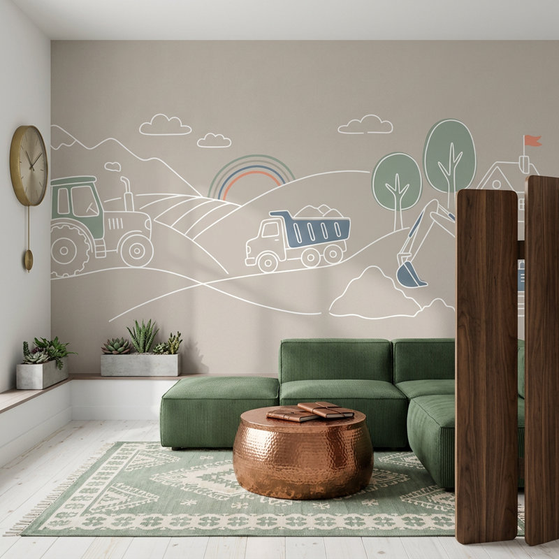 Construction Vehicles Wallpaper Tractor Removable Minimal Line Art Wall Decor, Non-Woven Nonpasted, 140"x108"