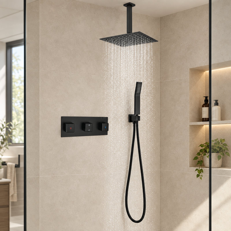 Matte Black 10" Ceiling Mount Rain Shower System with Handheld Spray, Valve & Trim Included