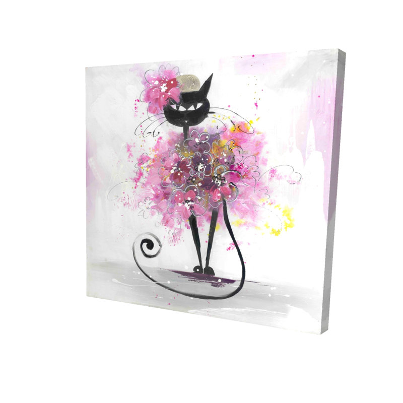 Caricature d'un chat avec des fleurs roses | Décoration murale de chambre à coucher