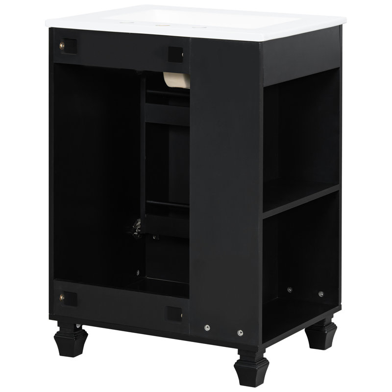 Meuble-lavabo classique de 24 po avec trop-plein de finition, 5 tablettes, compartiments ouverts latéraux et surface de lavabo lisse en pin de 24 po, structure solide, tablettes de rangement à 2 niveaux