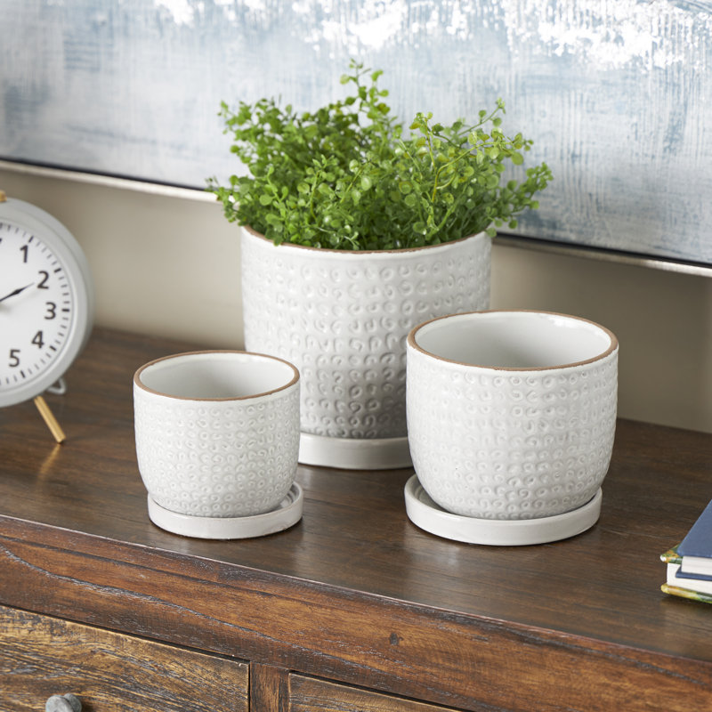 Cole And Grey 3 Piece Ceramic Abstract Circle Patterned Planter With Brown Accents And Base Tray Set