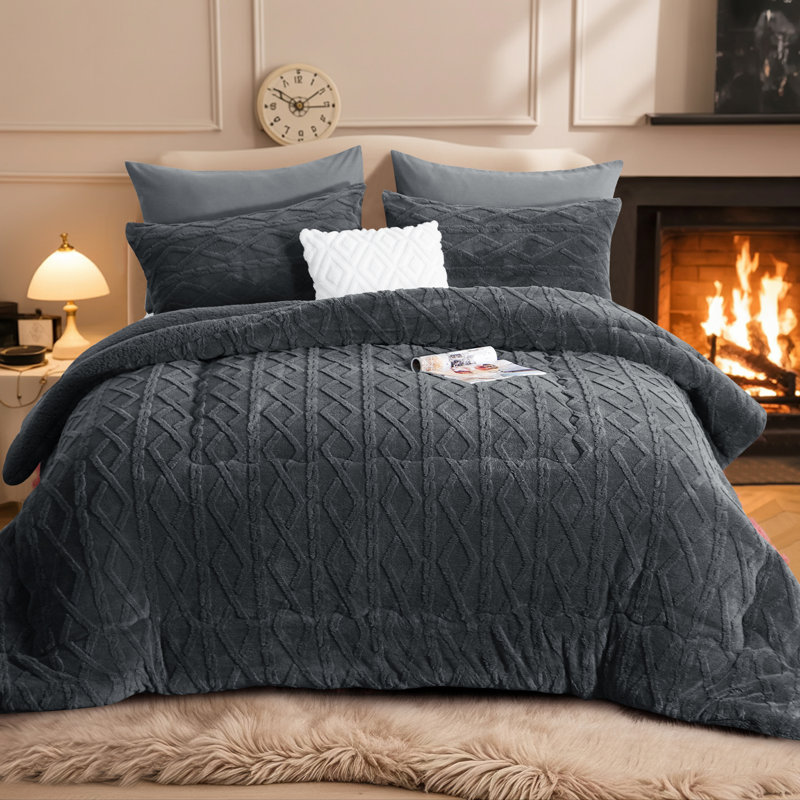 Édredon en molleton Sherpa, couverture en flanelle réversible, motif jacquard 3D, Édredon double, Gris