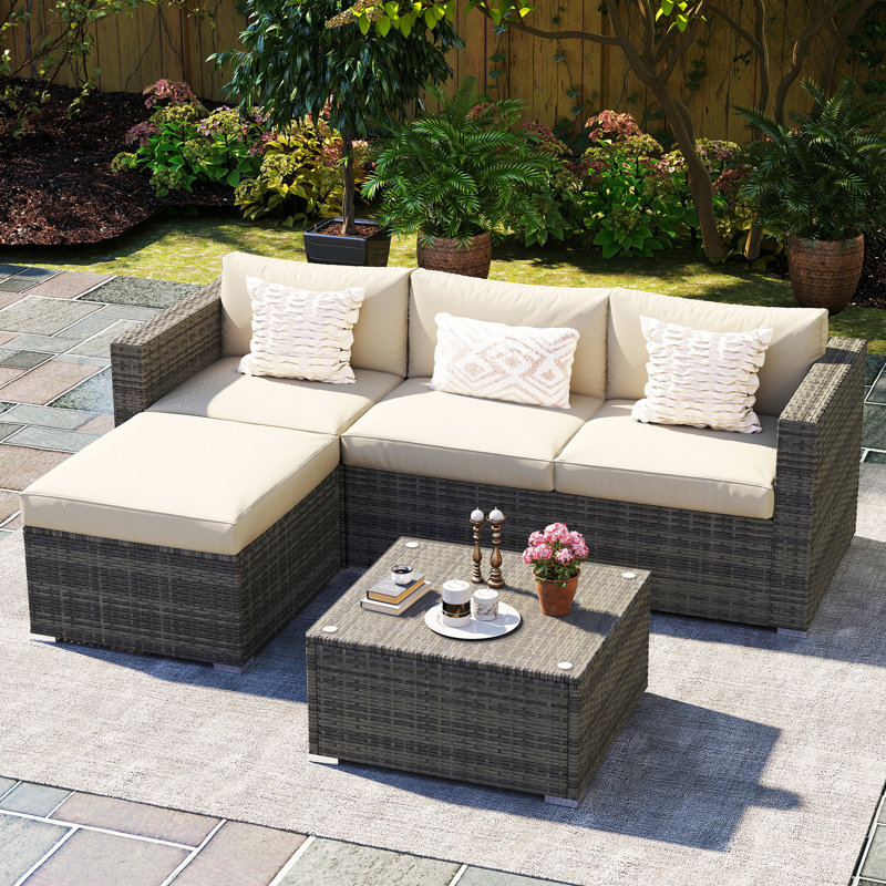 Ensemble de meubles de patio 5 pièces en osier, Beige/gris