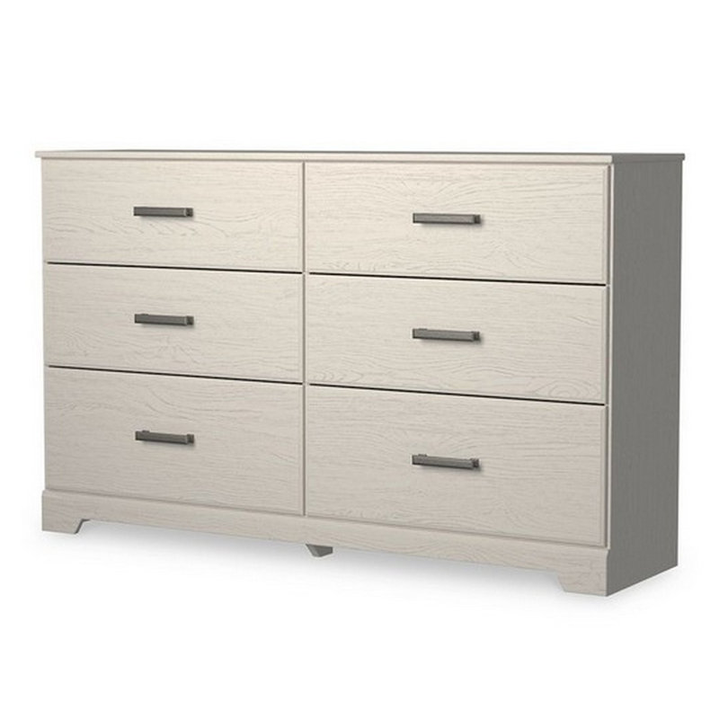 Commode Tely 60 po, 6 tiroirs avec poignées étain, bois blanc Tely