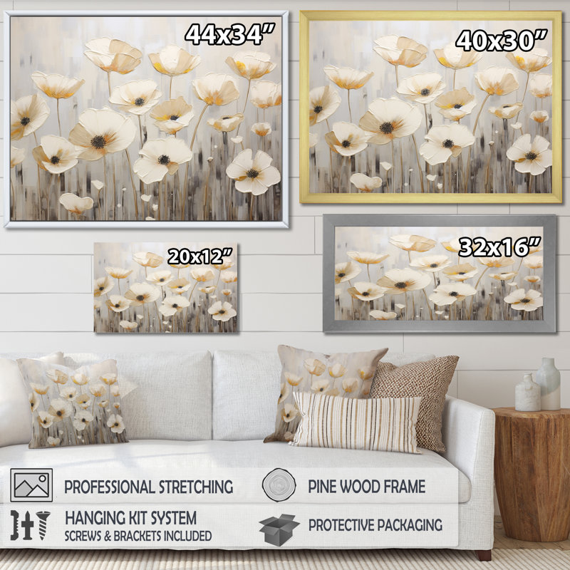Buttercups Fields On Gray sur toile, H 12 po x l 20 po x P 1 po, Cadre flottant doré