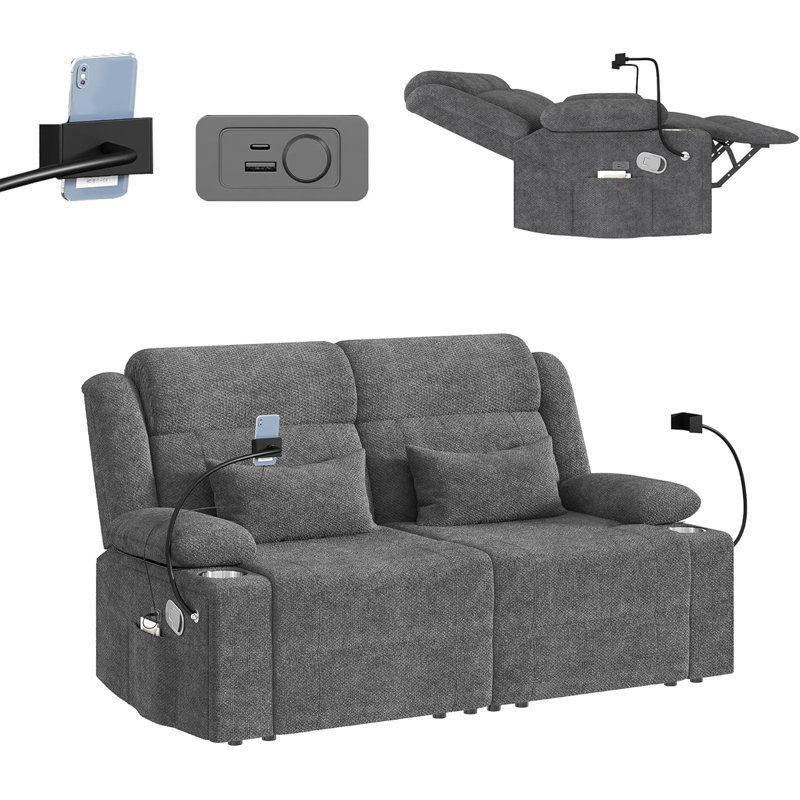 Home Theater Seating,RV Reclining Sofa Set With Adjustable Headrest, Recliner Sofa With Heat And USB&Type-C, Dawer & Cup Holders