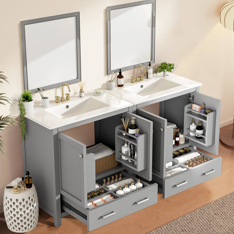 Ensemble de meuble-lavabo moderne 60 ", meuble-lavabo double séparé avec double lavabo en céramique (miroir non inclus), Gris