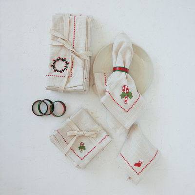 Embroidered Holiday Motif Cotton Napkin Set