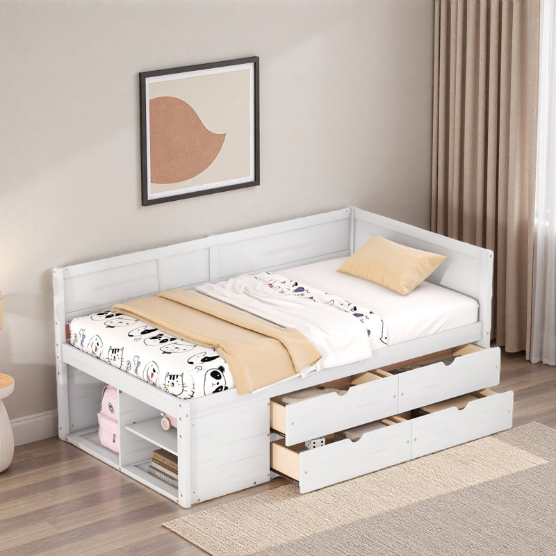 Lit de jour avec tiroirs et tablettes, Lit simple, Blanc