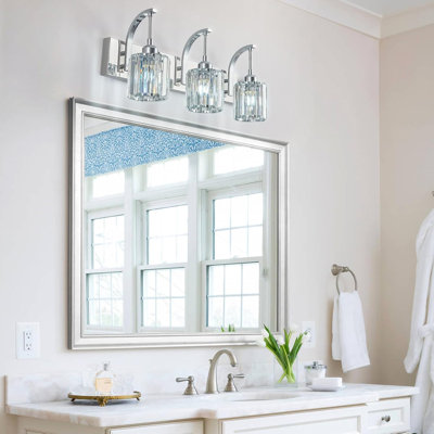 Modern 3-Light Bathroom Vanity Light With K9 Crystal Shades, Chrome Wall Sconce For Mirror Lighting In Bathroom, Makeup Area, Or Hallway, 23.62 Inch Length