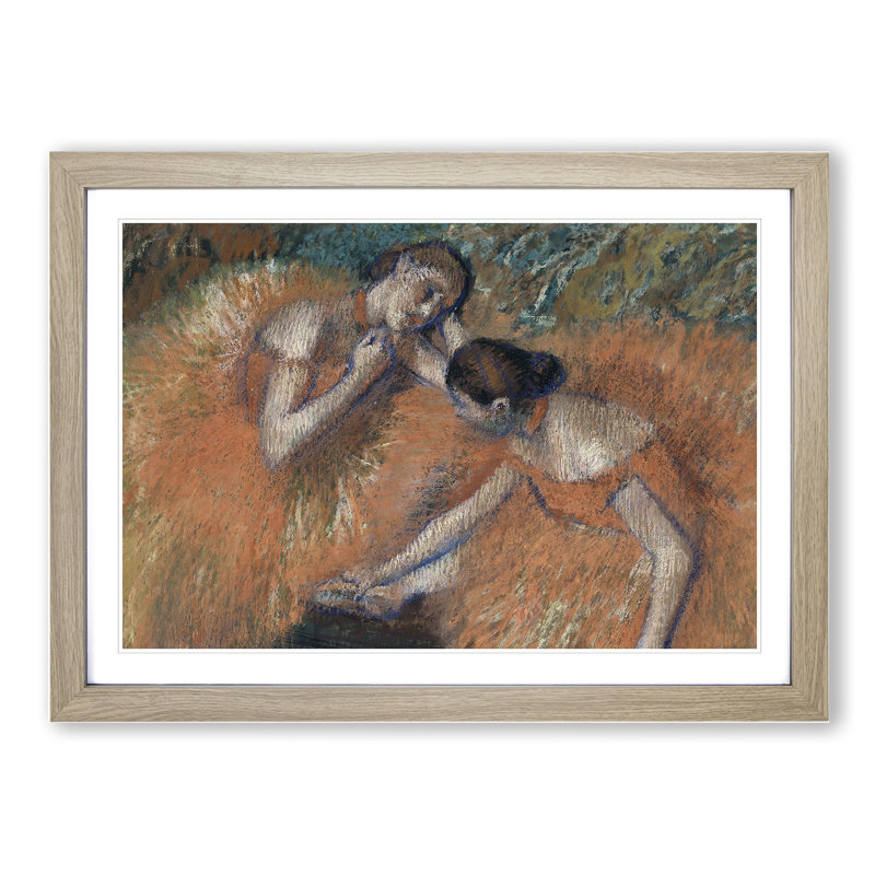 Two Ballet Ballerina Dancers in Orange by Edgar Degas - Picture Frame Painting, 48cm H x 65cm W x 2cm D, Oak