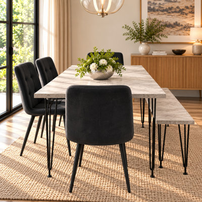 Dining Table with Hairpin Legs, Bench & 4 Velvet Chairs Set