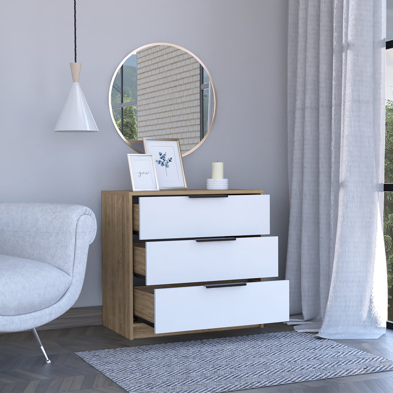 Kaia Three Drawer Compact Dresser, Bedroom Storage Option, White/Pine