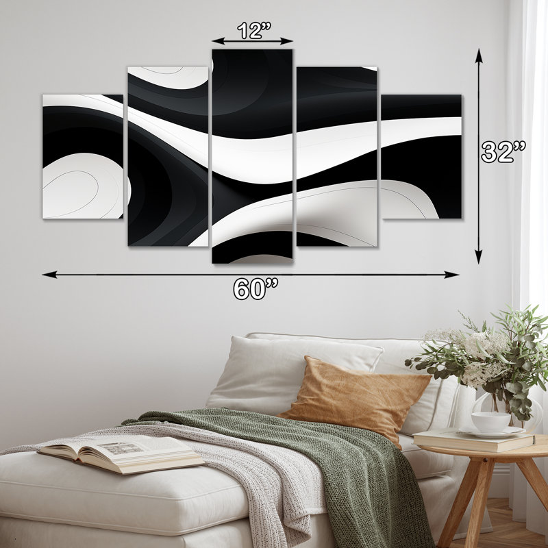 Orka Flows Minimal Black White - Waves, art mural sur toile, 5 pièces, H 32 po x l 60 po