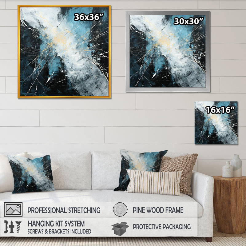 Marbre noir et bleu orage - reproduction sur toile, H 24 po x l 24 po x P 1 po, Cadre simple argenté
