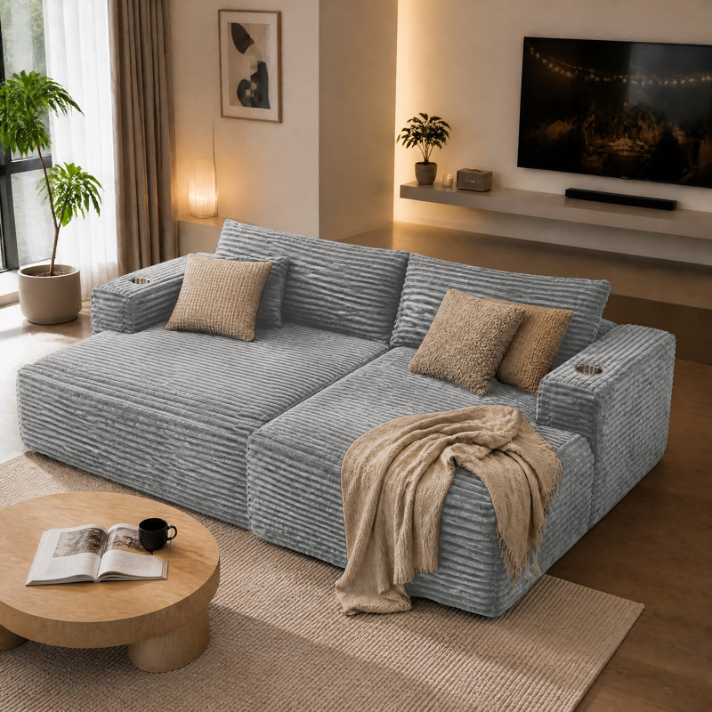  74" Modern Deep Seat Corduroy Sofa Bed Compression Lounge Couch with Oversized Cushions, Light Gray