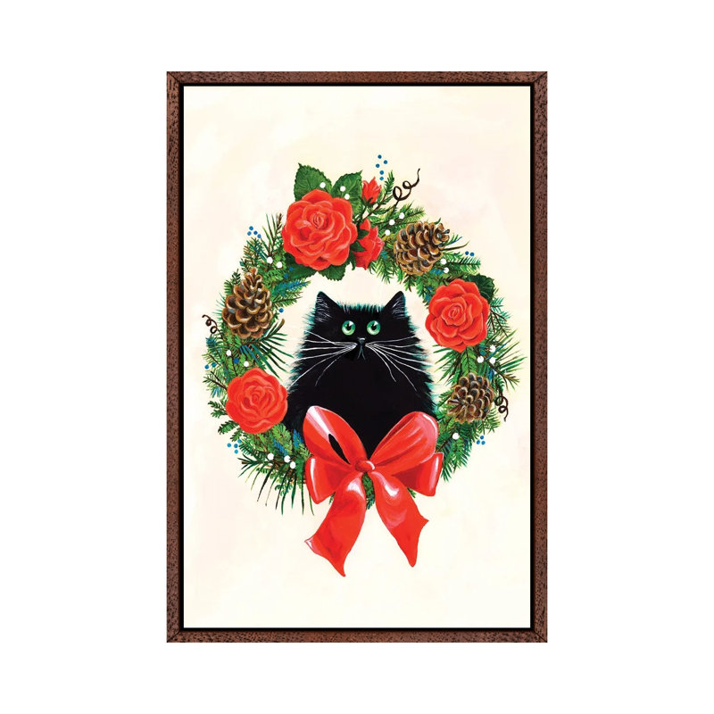 Black Cat In Rose Wreath by Kim Haskins - Print on Canvas, Classic Brown Wood Framed, 66.04 cm H x 45.72 cm W