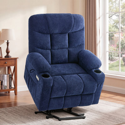 Dual Motor Power Lift Chair Recliner for Elderly with Massage and Heat, Infinite Position Electric Lift Recliner with USB A&C, Cup Holders (T6012 - Chenille Fabric, Blue, Oversized )