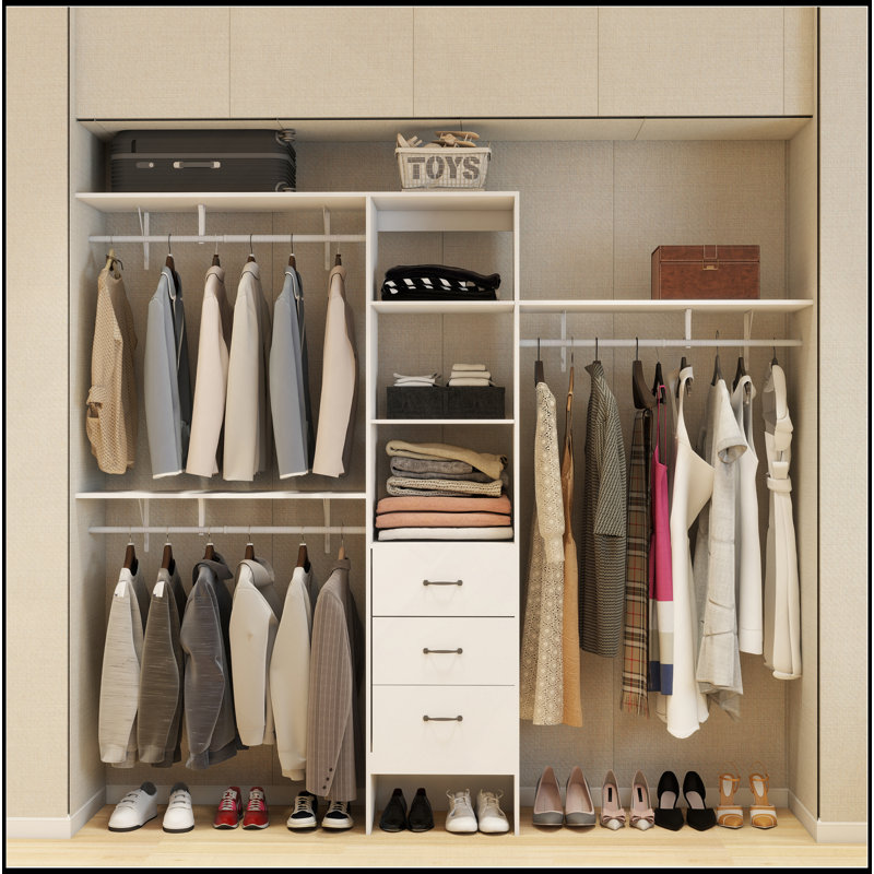 Système d'organisation 96 po, rangement pour garde-robe 8 pi avec 3 tablettes réglables, 3 tringles extensibles et 3 tiroirs, porte-vêtements intégré, L 96 po x l 16 po x H 82 po