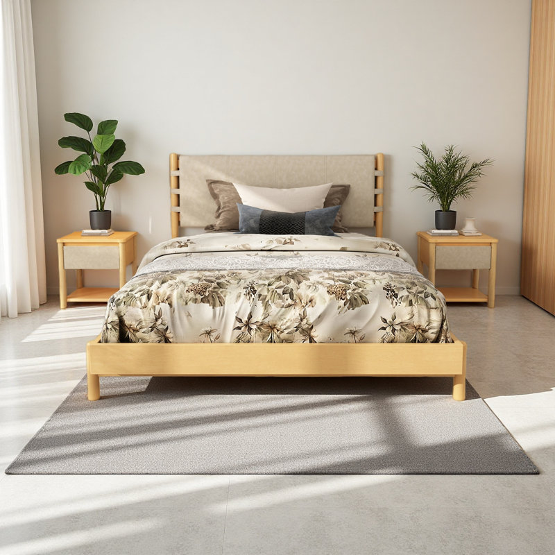 Ensemble de base de lit moderne avec 2 tables de chevet, lit plateforme en bois avec tête de lit et tables de chevet assorties pour la chambre à coucher