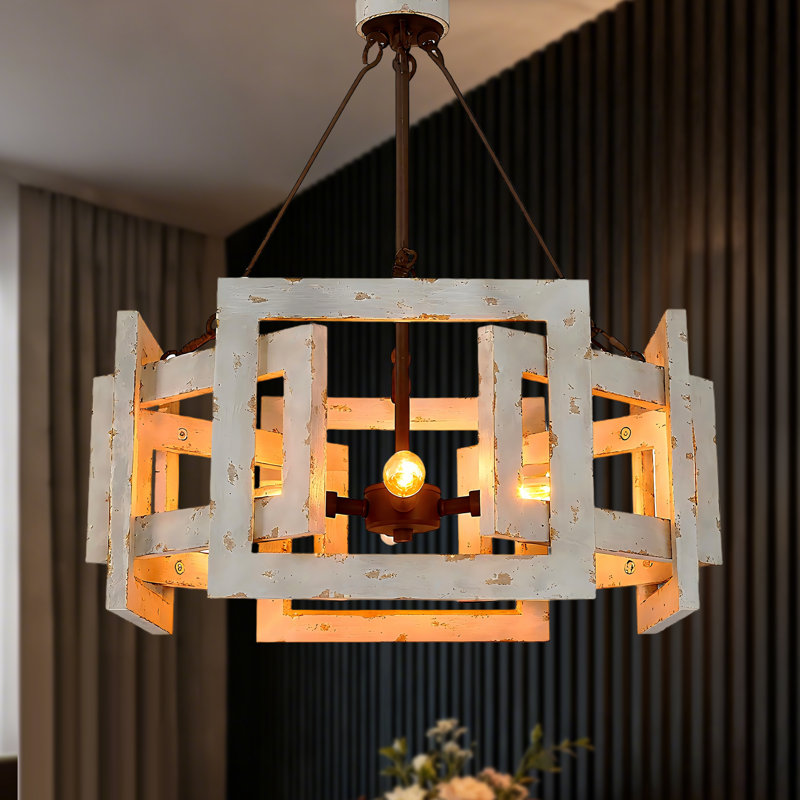 Marchini 4-Light Dimmable Geometric Chandelier in Weathered Off-White and Rust Brown