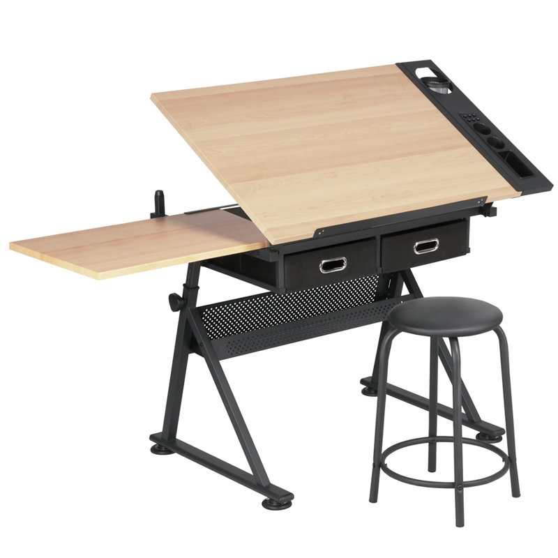 Ensemble de table à dessin et tabouret avec angles et hauteurs de table réglables, Naturel