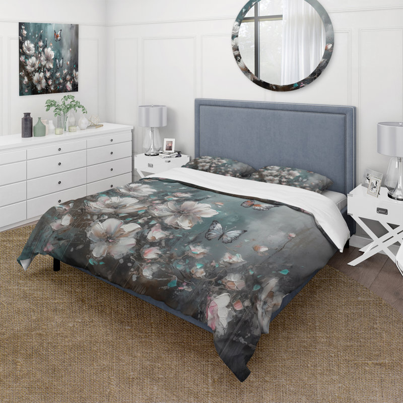 Ensemble de housse de couette Flowers with Butterflies, Housse de couette simple + 1 taie décorative stan