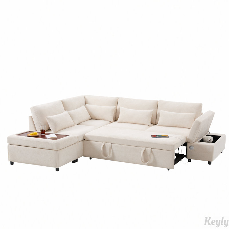 Canapé-lit modulaire de 107 po avec canapé-lit, accoudoirs réglables en forme de L, charge USB et de type C, repose-pieds avec rangement à mouvement libre, combinaison libre pour le salon et l’appartement, chenille