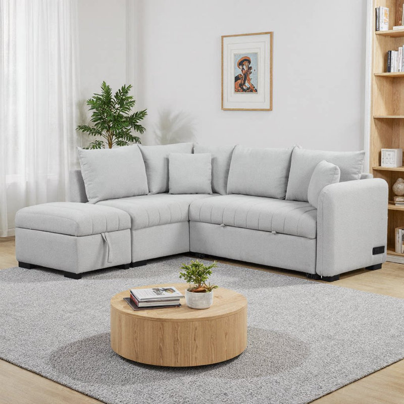 82.6" Beige L-Shaped Sectional Pull Out Sofa Bed with Storage Ottoman & USB Ports, Gray